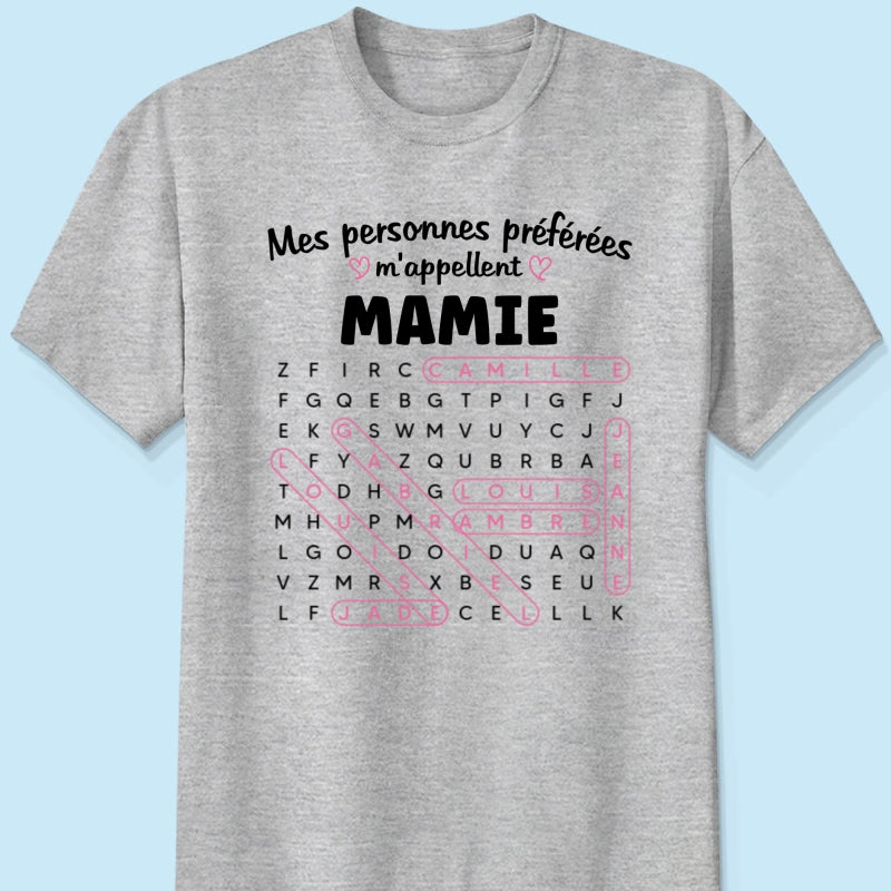 T-shirt Personnalisé Mots Fléchés - Mes personnes préférées m'appellent Mamie - Cadeau pour Grand-Mère