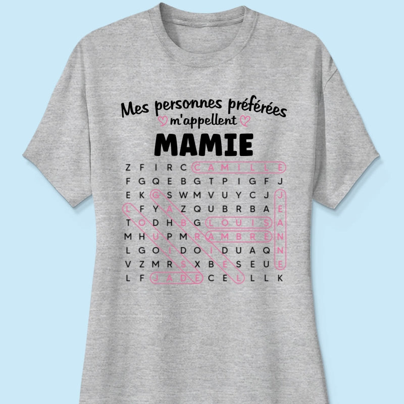 T-shirt Personnalisé Mots Fléchés - Mes personnes préférées m'appellent Mamie - Cadeau pour Grand-Mère