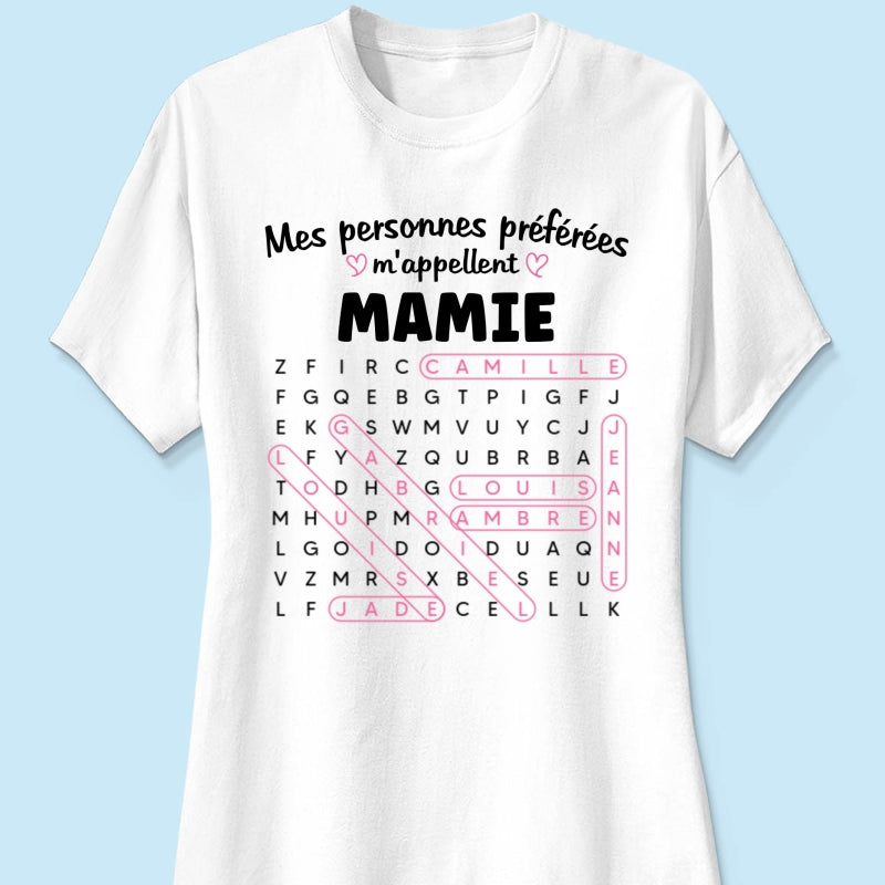 T-shirt Personnalisé Mots Fléchés - Mes personnes préférées m'appellent Mamie - Cadeau pour Grand-Mère