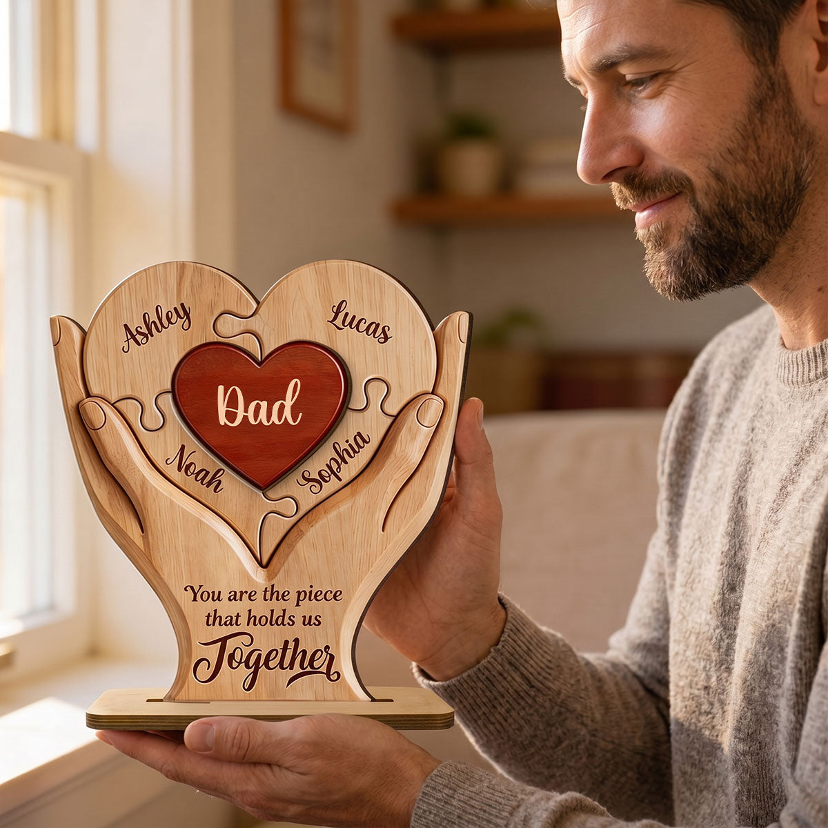 Dad The Piece That Holds Us Together - Personalized 2-Layered Wooden Plaque -  Gift for Dad, Husband