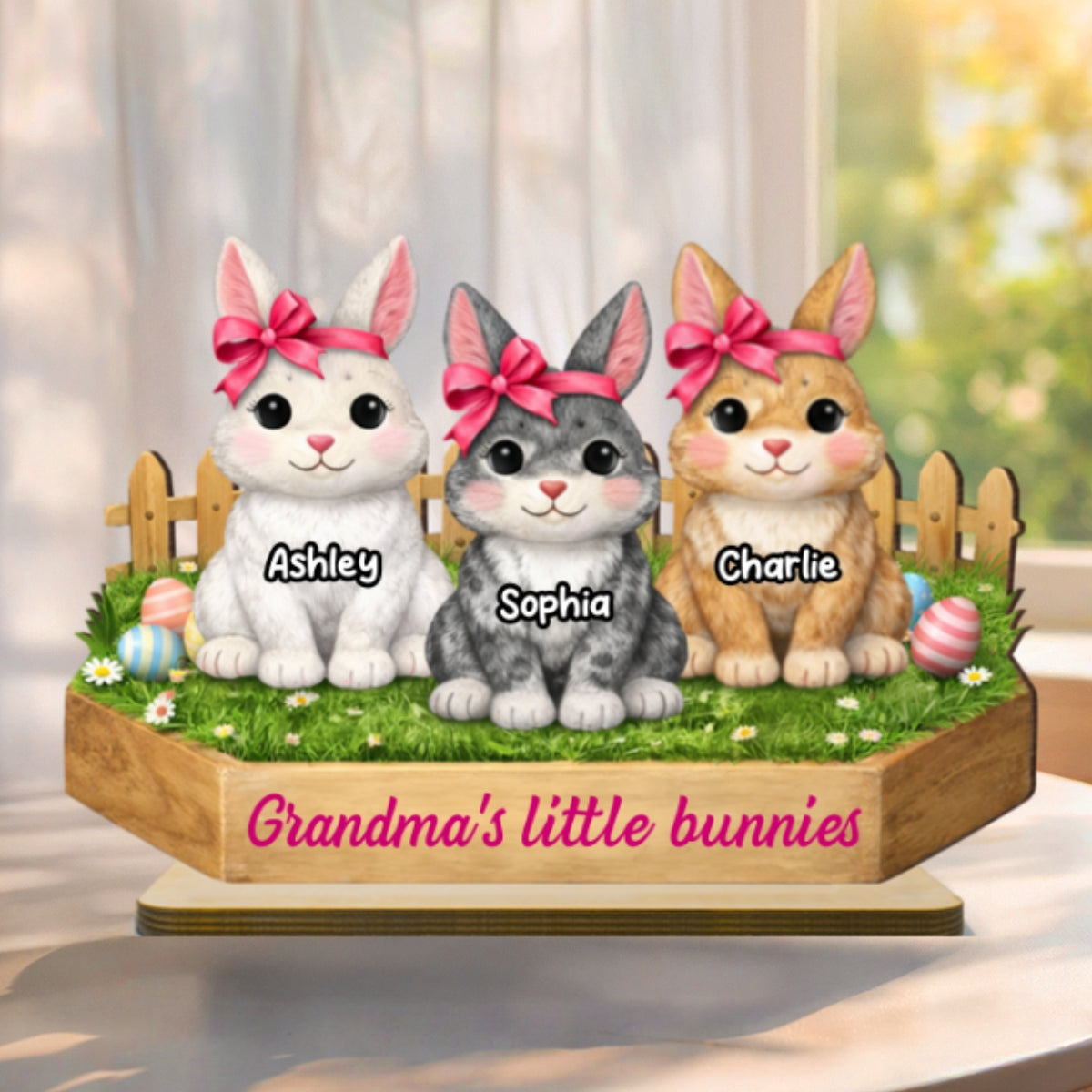 Grandma's Little Bunnies Coquette - Personalized 2-Layered Wooden Plaque - Easter Gift for Grandma, Farmhouse Tiered Tray Decor