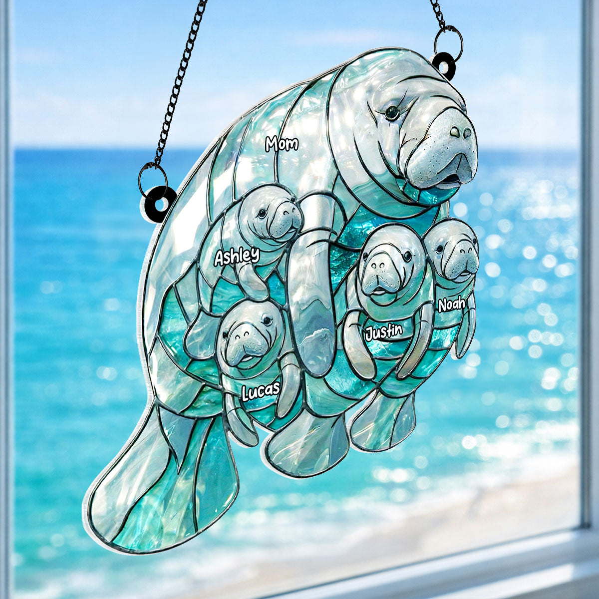 Manatee Mom and Kids - Personalized Acrylic Suncatcher - Heartfelt Mother's Day Gift for Mom, Wife