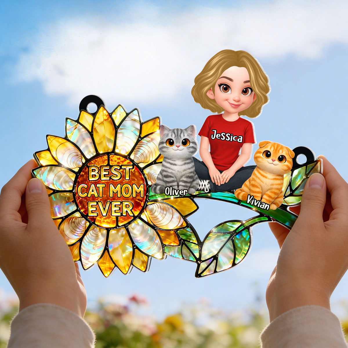Sunflower Cat Mom and Cats Sitting - Personalized Window Hanging Suncatcher - Mother's Day Gift for Mom, Wife
