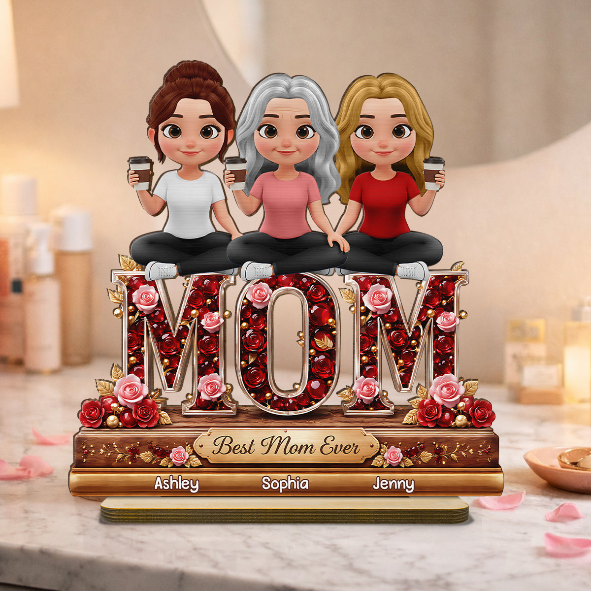 Best Mom Ever Mom And Daughters - Personalized 2-Layered Wooden Plaque - Heartfelt Gift For Mom, Grandma