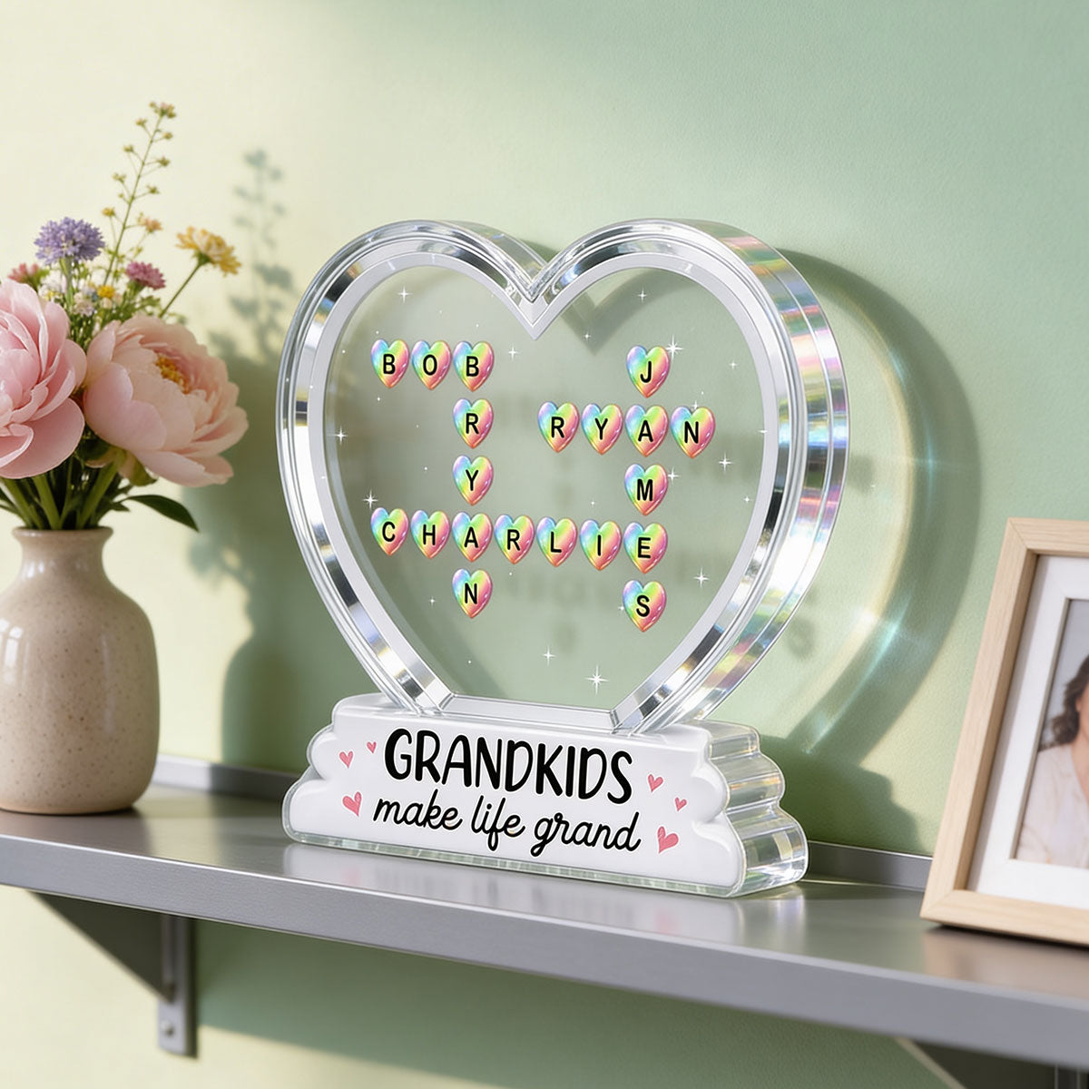 Grandkids Make Life Grand Crossword Puzzle Art Colorful Hearts 2D Flat - Personalized Acrylic Block Plaque - Gift For Grandma