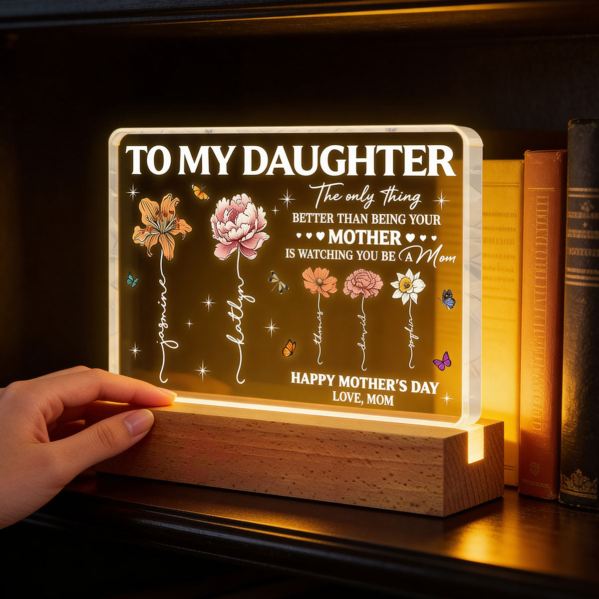 To My Daughter Mom And Daughter Custom Birth Month Flowers Kids Names - Personalized Acrylic Block LED Night Light - Mother's Day Gift For Daughter