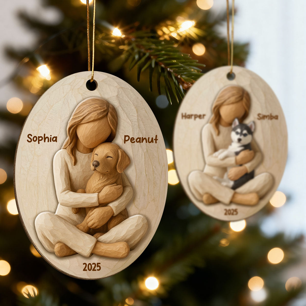 3D Effect Girl & Her Dog - Personalized Wooden Ornament - Gift For Dog Lover