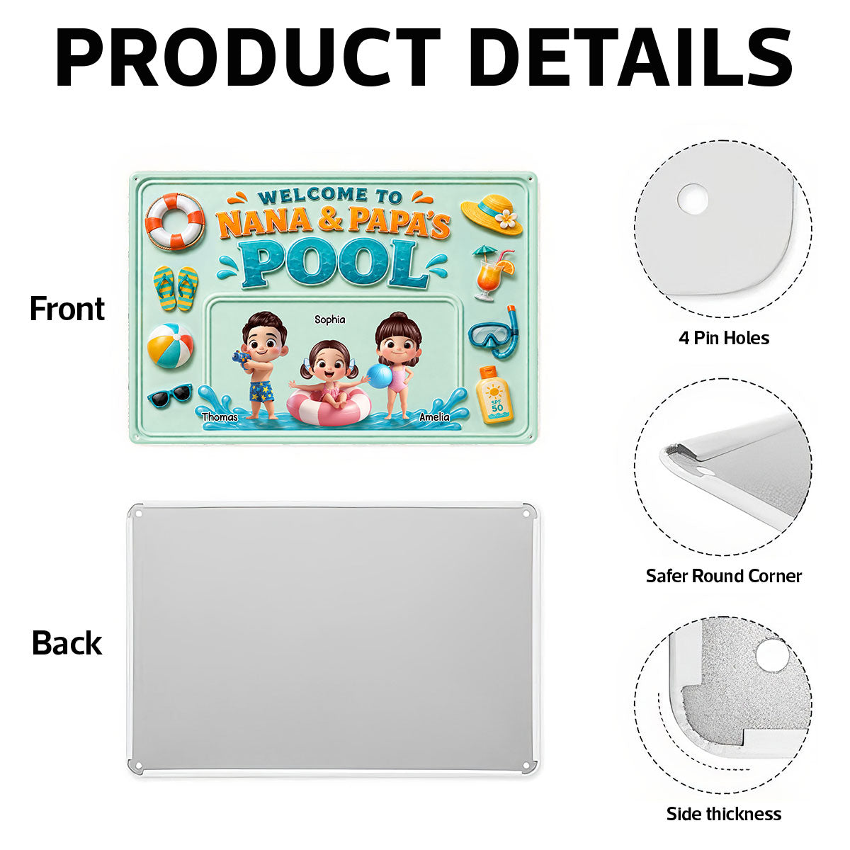 Nana & Papa's Poolside With Kids - Personalized Metal Sign - Gift For Kids, Grandparents, Summer Decorations