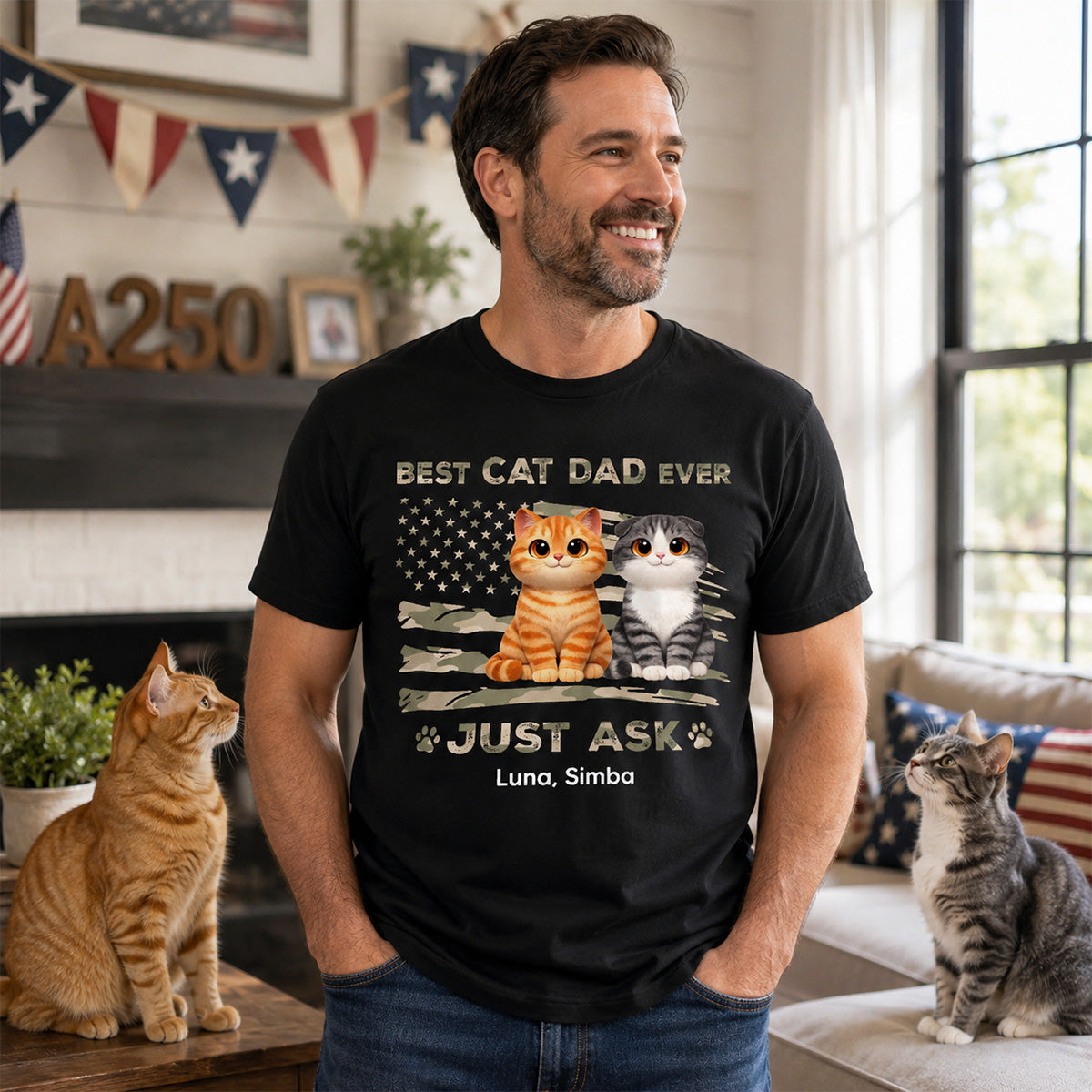 Best Cat Dad Ever Nation Flag Theme Cute Cats - Personalized Shirt - Father's Day Gift For Cat Dad, Patriotic 4th Of July Gift, USA 250th Anniversary