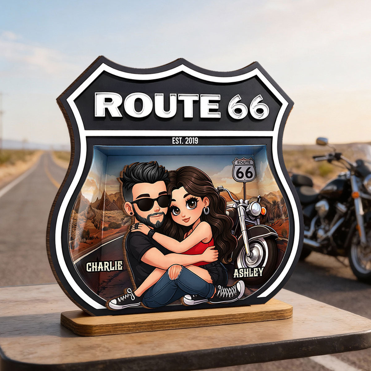 Bikers Couple Route 66 - Personalized 2 Layer Standing Wooden Plaque - Gift for Couple