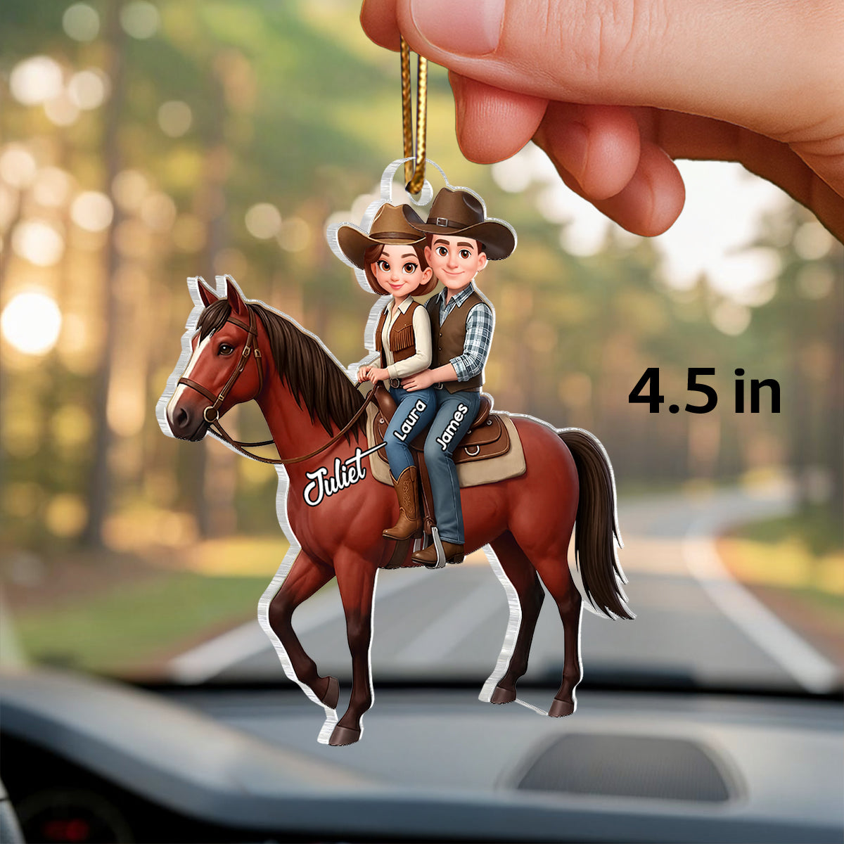 3D Effect Couple And Their Horse - Personalized Acrylic Car Hanger - Valentine's Gift For Couple, For Horse Lovers