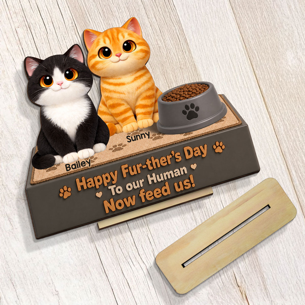 Cute Fluffy Cats Happy Fur-ther's Day Human - Personalized 2-Layered Wooden Plaque - Funny  Gift For Cat Dad, Cat Lovers