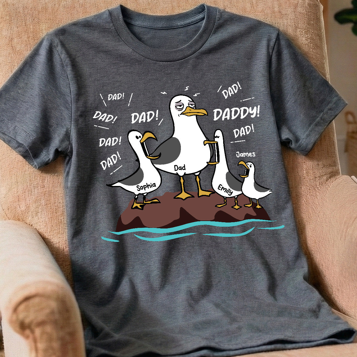 Seagull Dad! Dad! Dad! Tired Seagull & Kids - Personalized Shirt - Funny Father's Day Gift For Dad, Husband