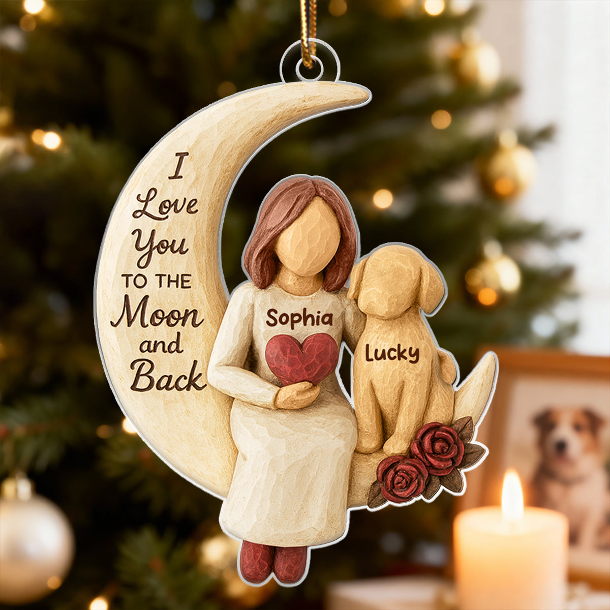 Woman and Dog Love to the Moon - Personalized Acrylic Ornament - Heartfelt Christmas Gift for Dog Mom, Pet Memorial Keepsake