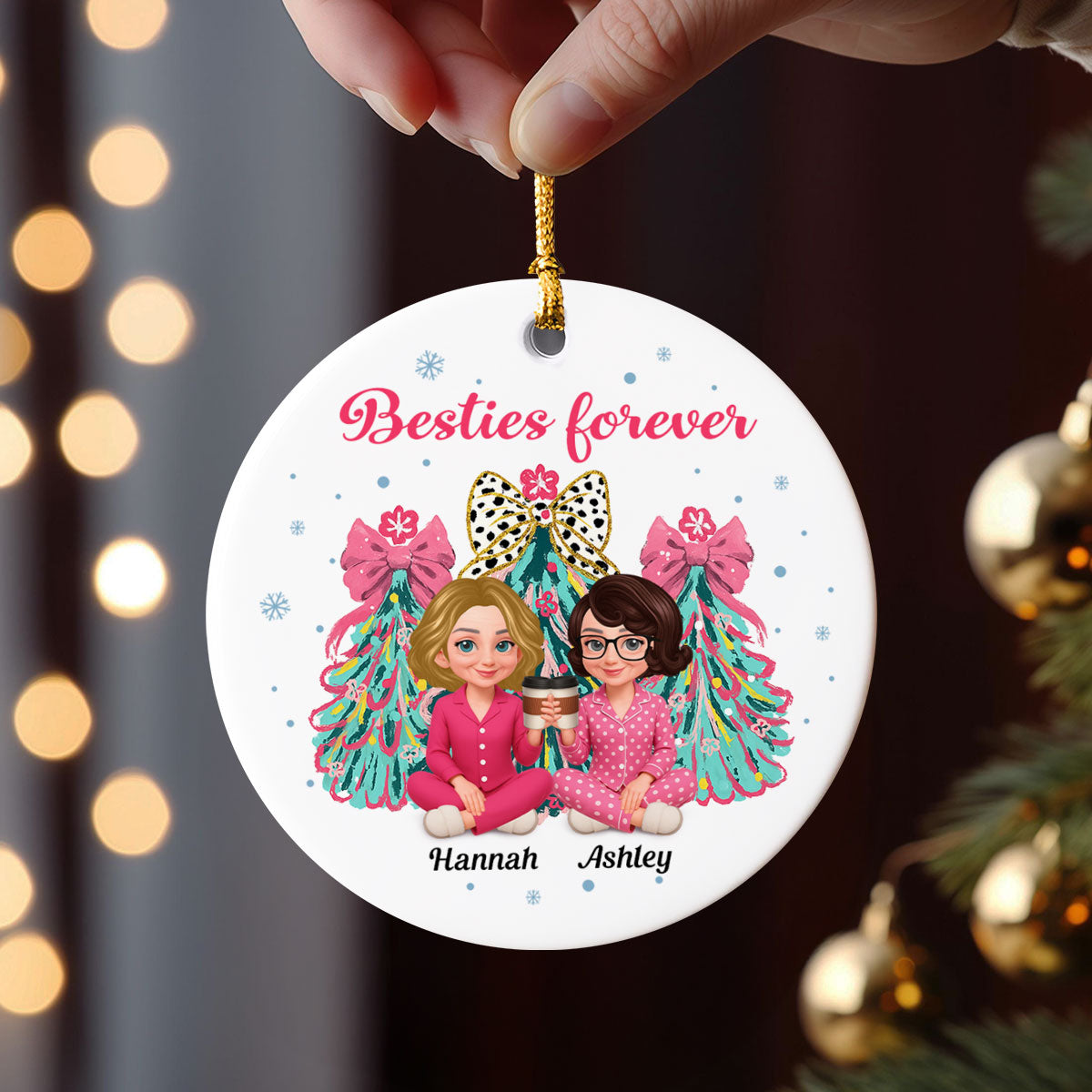 Pink Theme Coquette Christmas Tree Besties Forever - Personalized Ceramic Ornament - Christmas Gift For Best Friends