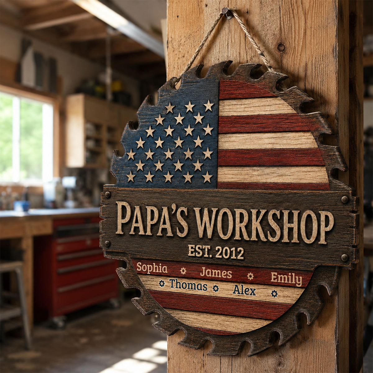 Dad Grandpa Workshop Nation Flag Theme - Personalized Wooden Garage Sign - Father's Day Gift For Patriotic Mechanic Dad, Grandpa