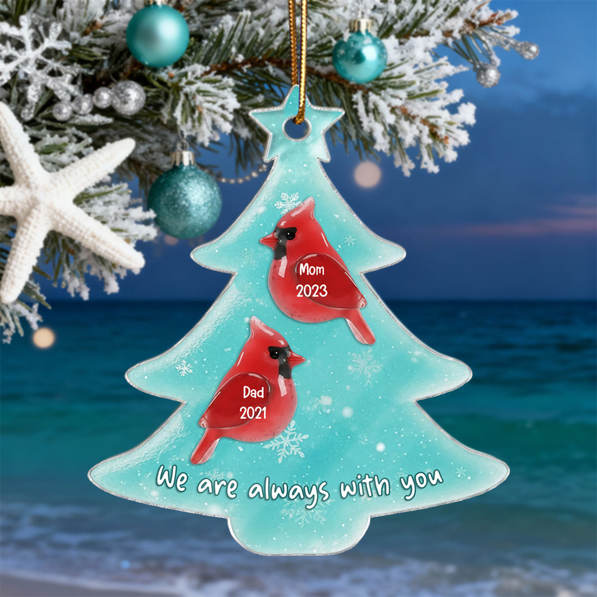 2D Sea Glass Effect Christmas Cardinals Memorial - Personalized Acrylic Ornament - Remembrance Keepsake, Sympathy Gift