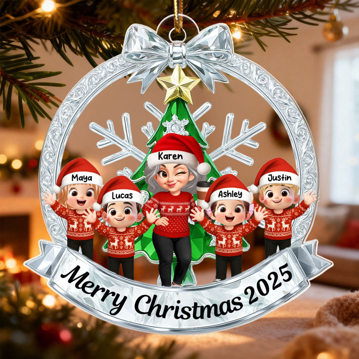 Grandma Grandkids Sitting on Christmas Wreath Metallic Effect - Personalized Acrylic Ornament - Christmas Gift for Grandma