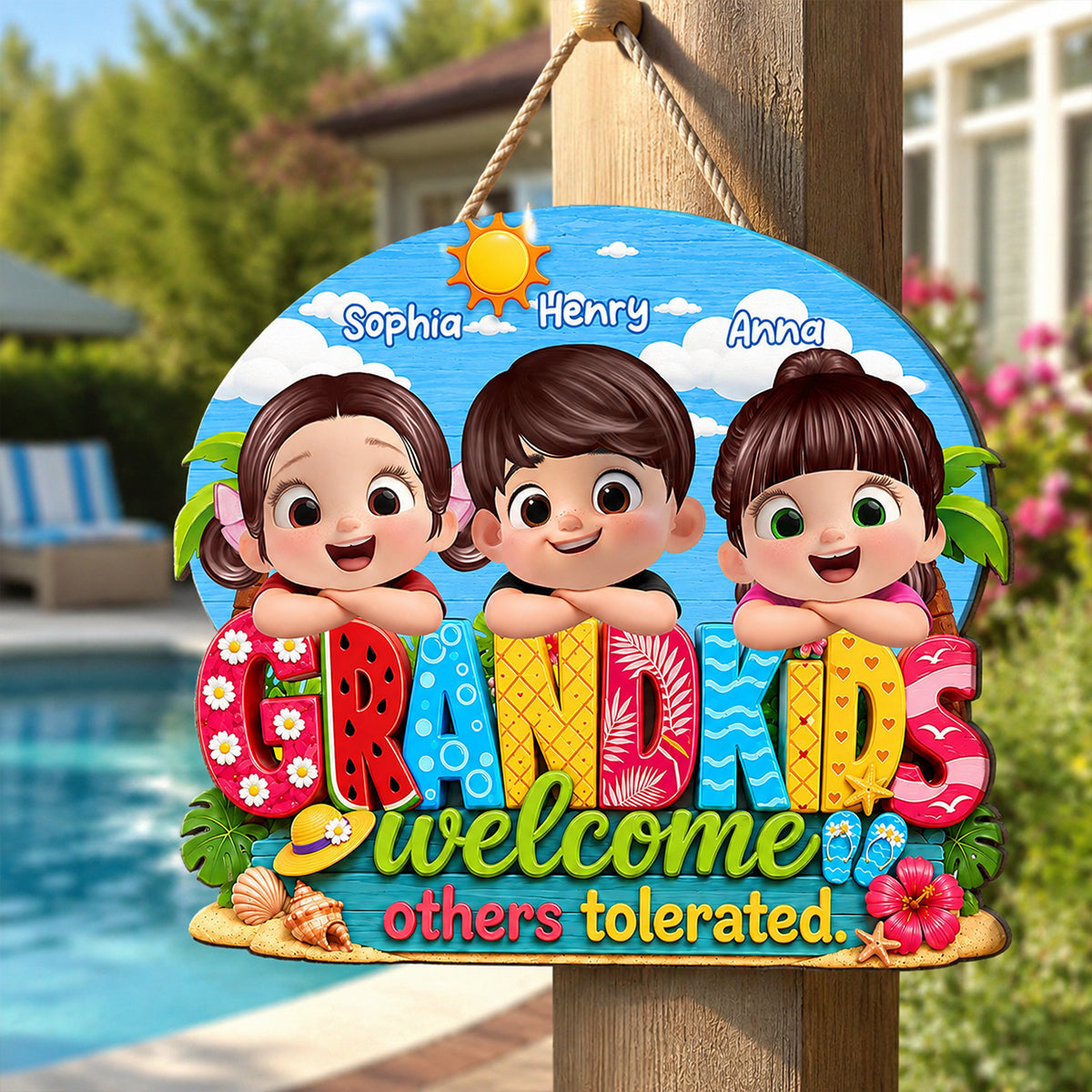 Grandkids Welcome Others Tolerated - Personalized Door Sign - Farmhouse Rustic Summer Decorations for Home