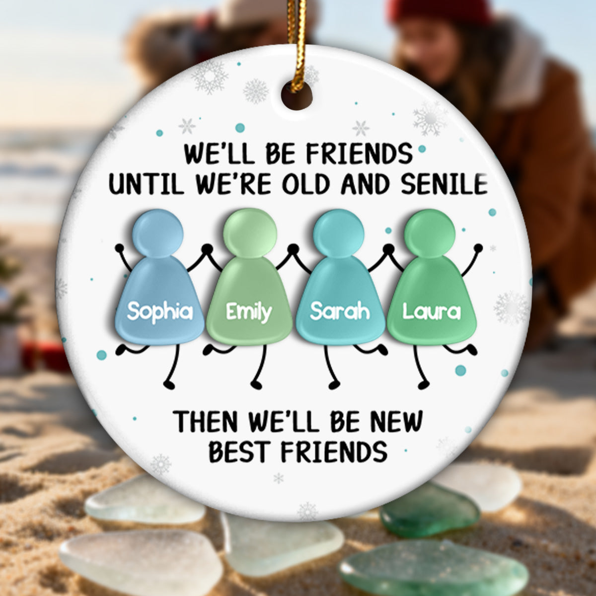 3D Sea Glass Effect Christmas Happy Besties - Personalized Ceramic Ornament With Acrylic Pieces