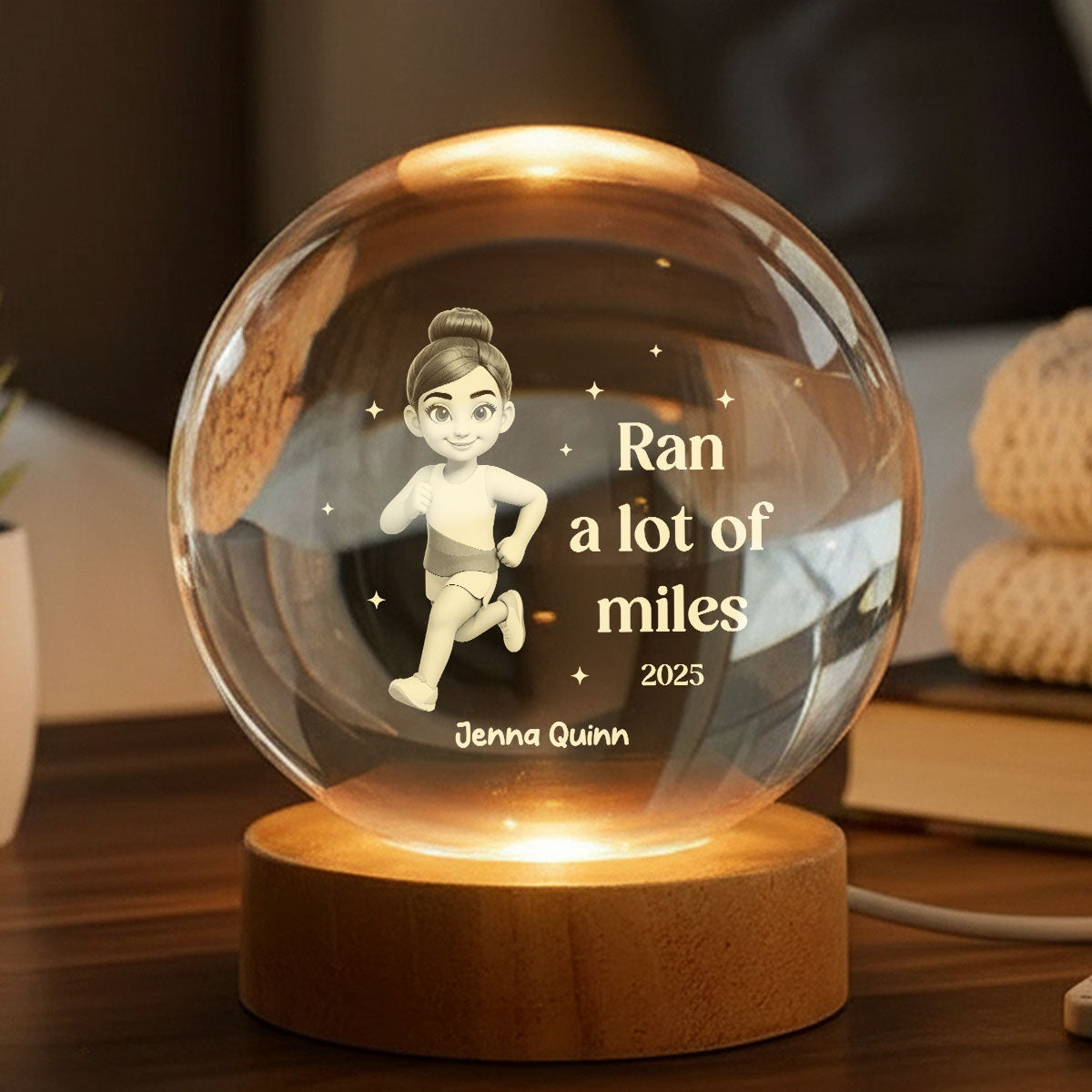 Ran A Lot Of Miles Running Boy Girl - Personalized Crystal Ball LED Night Light - Gift for Marathon Runner, Track Senior Night Gift