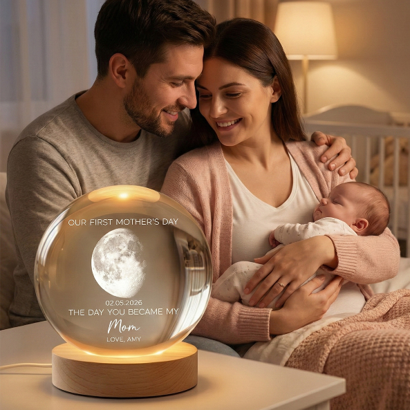 The Day You Became My Mom Custom Moon Phase First Mother's Day - Personalized Crystal Ball LED Night Light - First Mother's Day Gift For New Mom