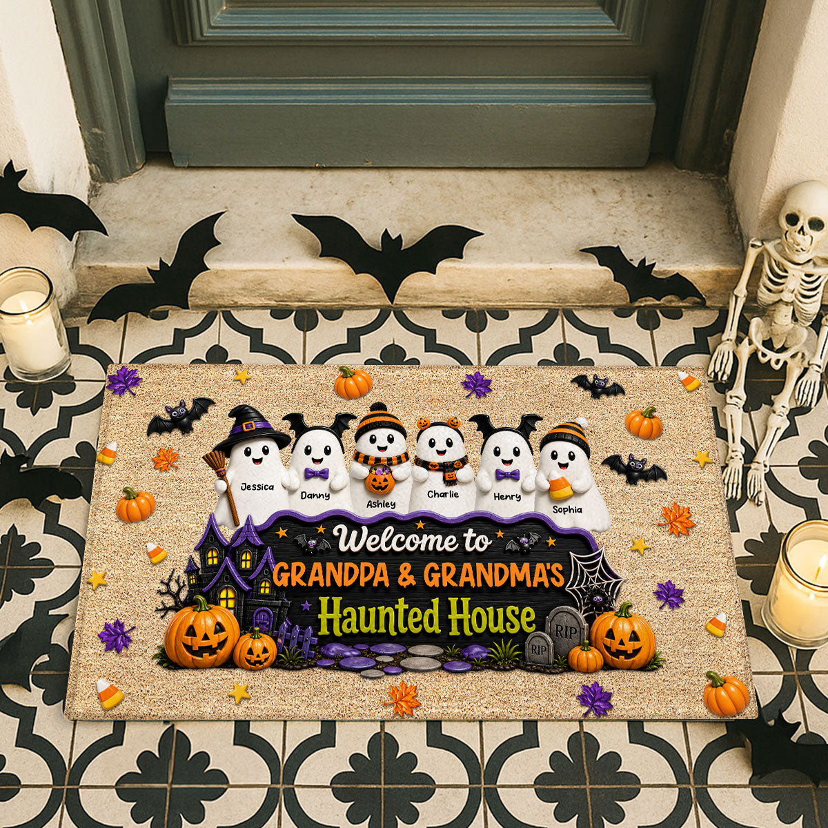 Halloween Welcome To Grandma Grandpa Haunted House Cute Boo Kids - Personalized Doormat - Halloween Decoration For Grandparents