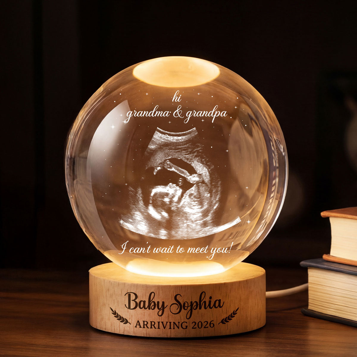 Baby Arriving Custom Baby Ultrasound - Personalized Crystal Ball LED Night Light - Pregnancy Reveal, Mother's Day Gift for 1st Time Grandma