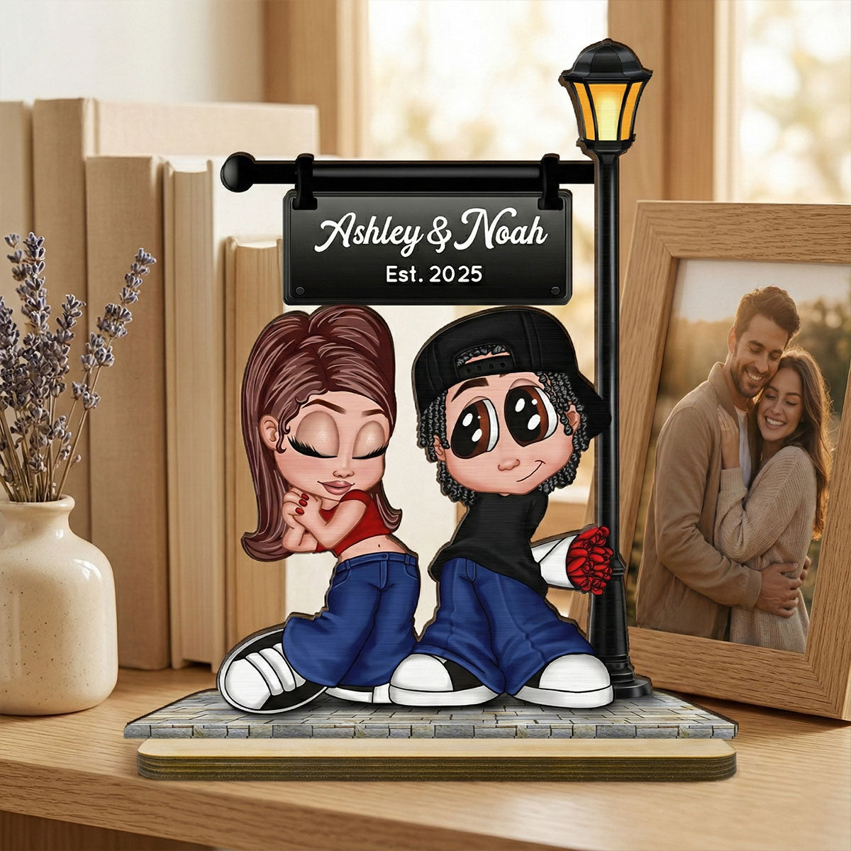Eternal Love Y2K Couple Under Street Lamp Post - Personalized 2-Layer Wooden Plaque - Gift For Couple, Gift For Him, For Her