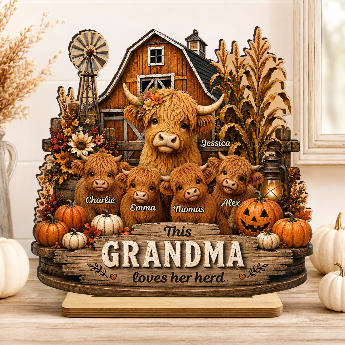 This Grandma Loves Her Herd - Personalized 2-Layered Wooden Plaque - Rustic Farmhouse Fall Decor for Grandma