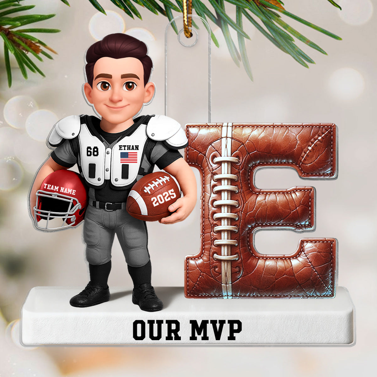 Proud American Football Player By Initial 3D Effect - Personalized Acrylic Ornament