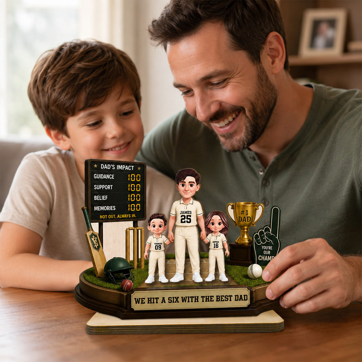 Hit A Six With The Best Dad Cricket Dad & Kids - Personalised 2-Layered Wooden Plaque -  Gift For Husband, Dad
