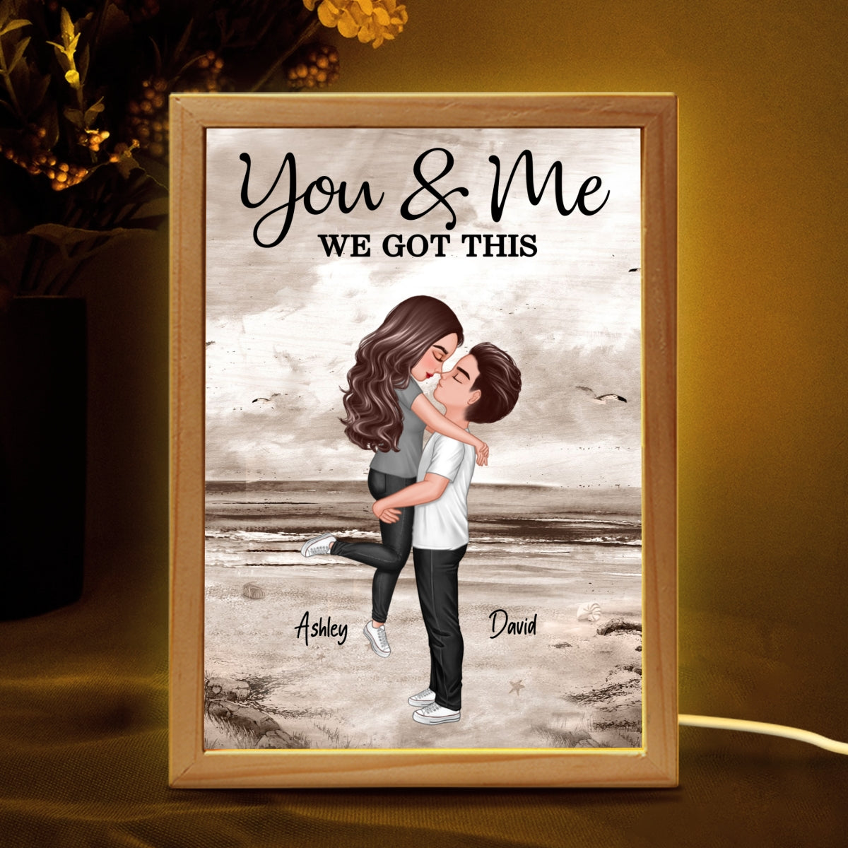 Retro Vintage Couple Hugging Kissing Beach Landscape Personalized Wooden Frame Light Box