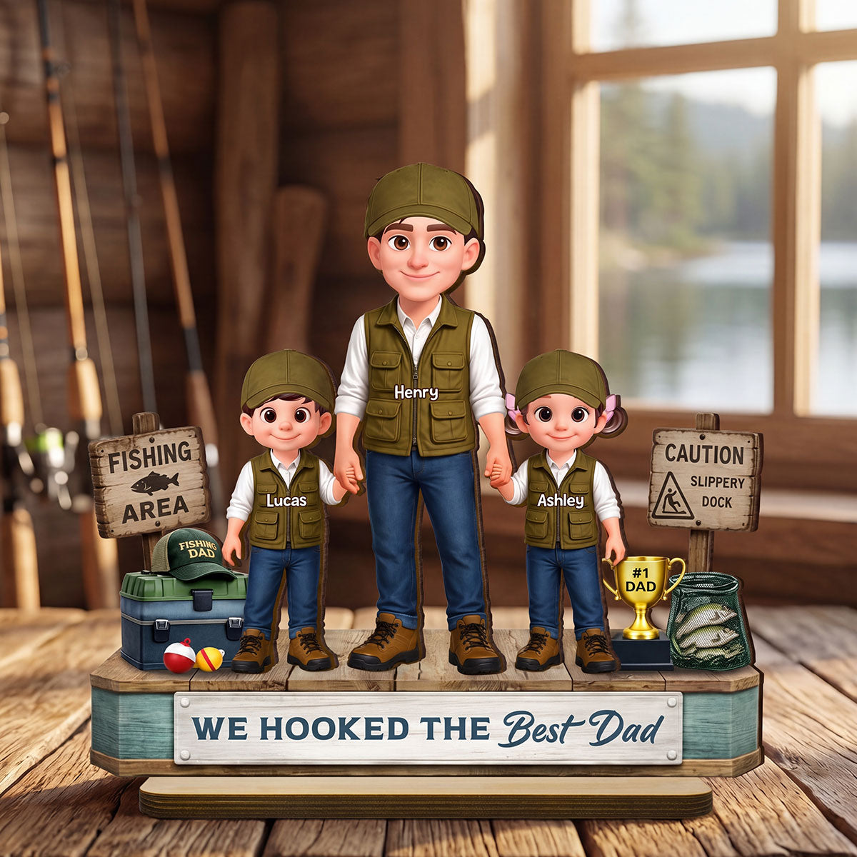 Fishing Dad And Kids We Hooked The Best Dad - Personalized 2-Layered Wooden Plaque - Heartfelt Gift For Dad, Gift For Husband