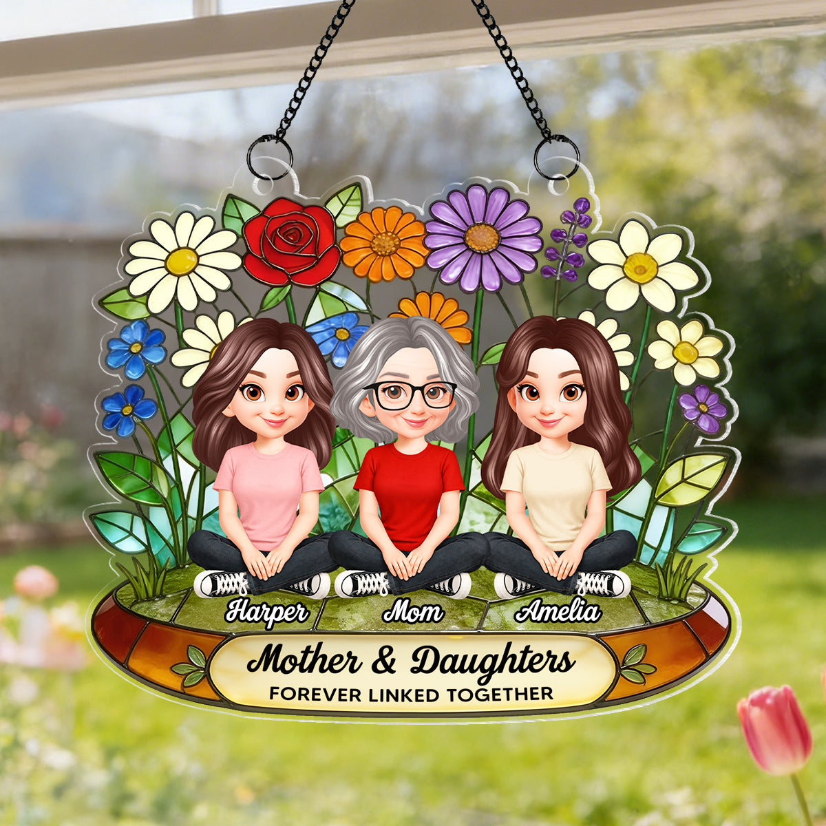 Flower Garden Mom And Son Daughter Forever Linked Together - Personalized Suncatcher Ornament - Gift For Mom