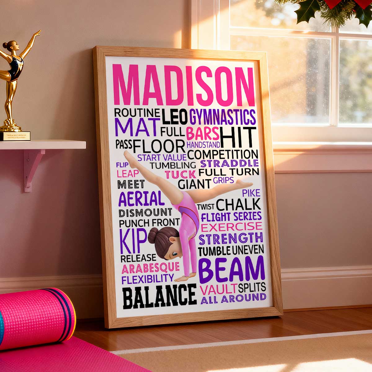 Typography Art Gymnastic Girl Cartwheel Pose - Personalized Poster - Gymnast Gift For Daughter, Granddaughter