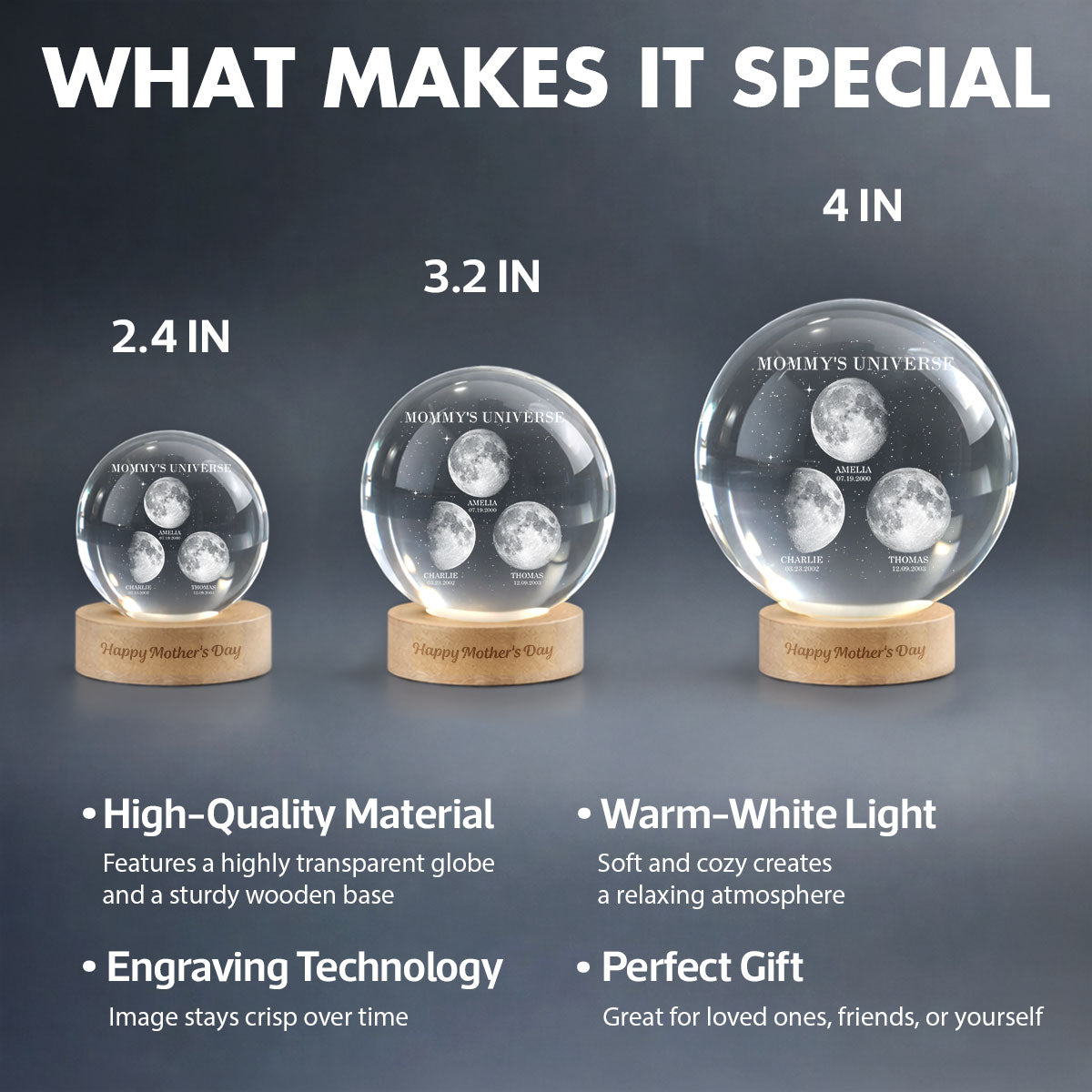 Mommy's Universe, Custom Moon Phase by Date - Personalized Crystal Ball LED Night Light - Mother's Day Gift for Mom, Wife