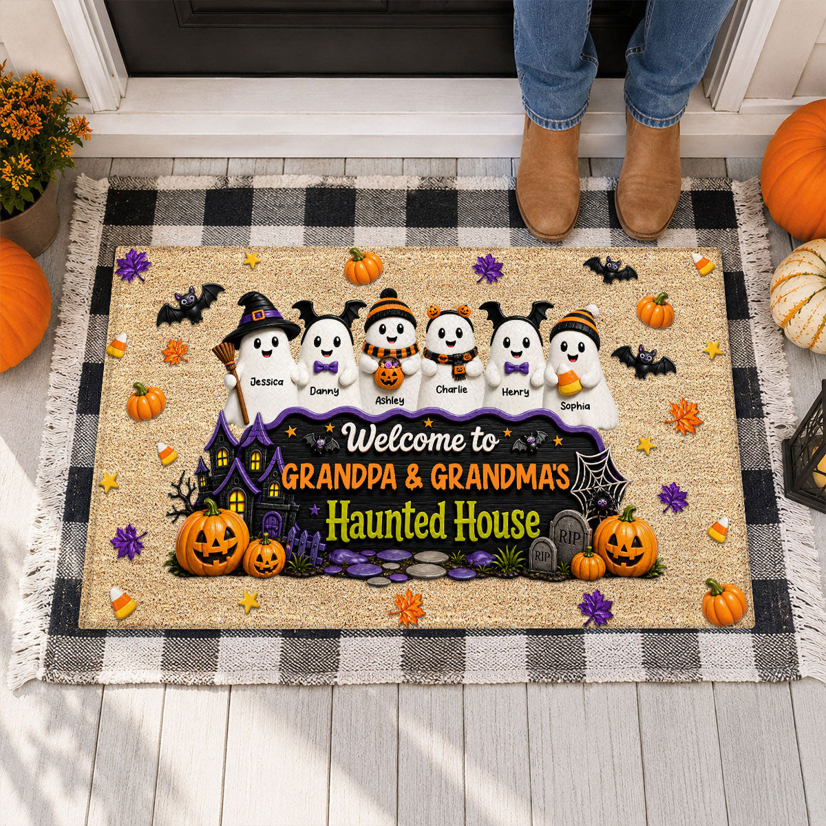 Halloween Welcome To Grandma Grandpa Haunted House Cute Boo Kids - Personalized Doormat - Halloween Decoration For Grandparents