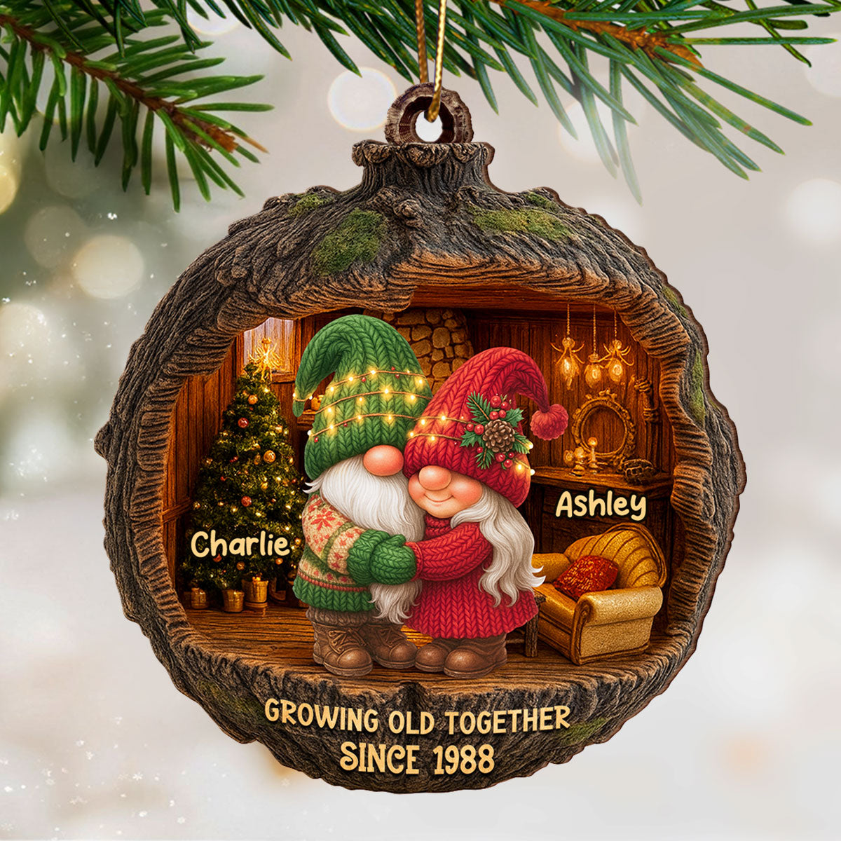 Gnome Couple Cozy Christmas - Personalized Wooden Ornament - Christmas Gift for Couple, for Her, for Him