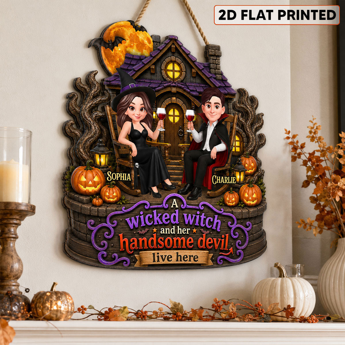 Halloween Haunted House Couple Wicked Witch Handsome Devil Live Here - Personalized Wood Sign - Halloween Decoration For Couple