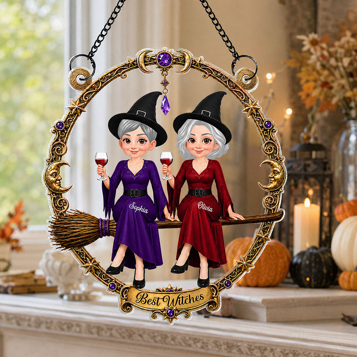 Besties Witches Sitting On Broom - Personalized Acrylic Window Hanger - Halloween Decoration