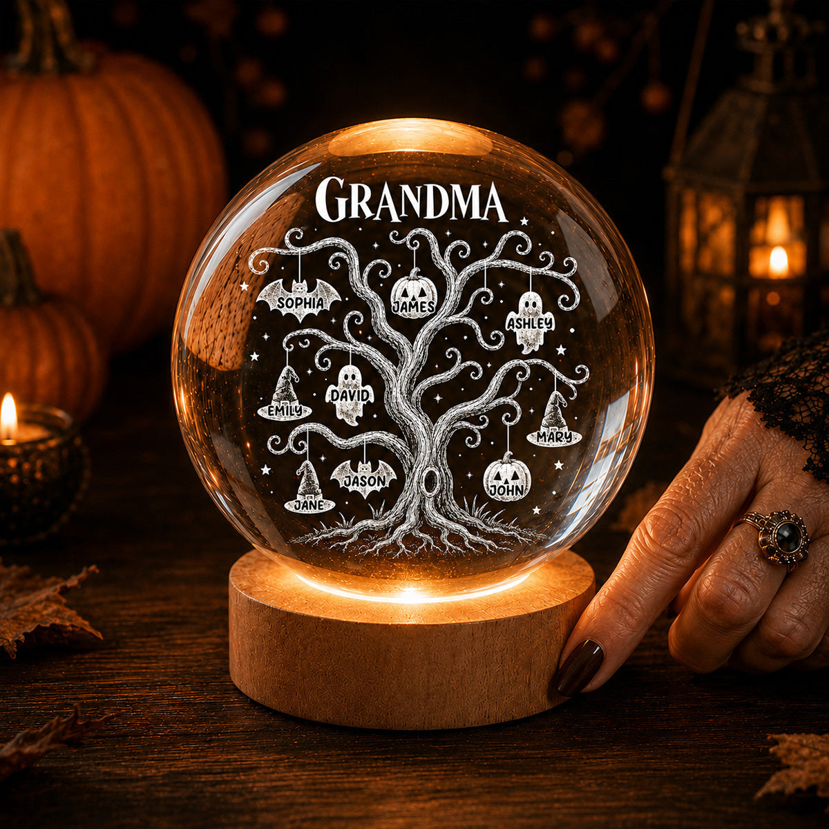 Halloween Tree With Kids Names - Personalized Crystal Ball Night Light - Halloween Gift For Grandma