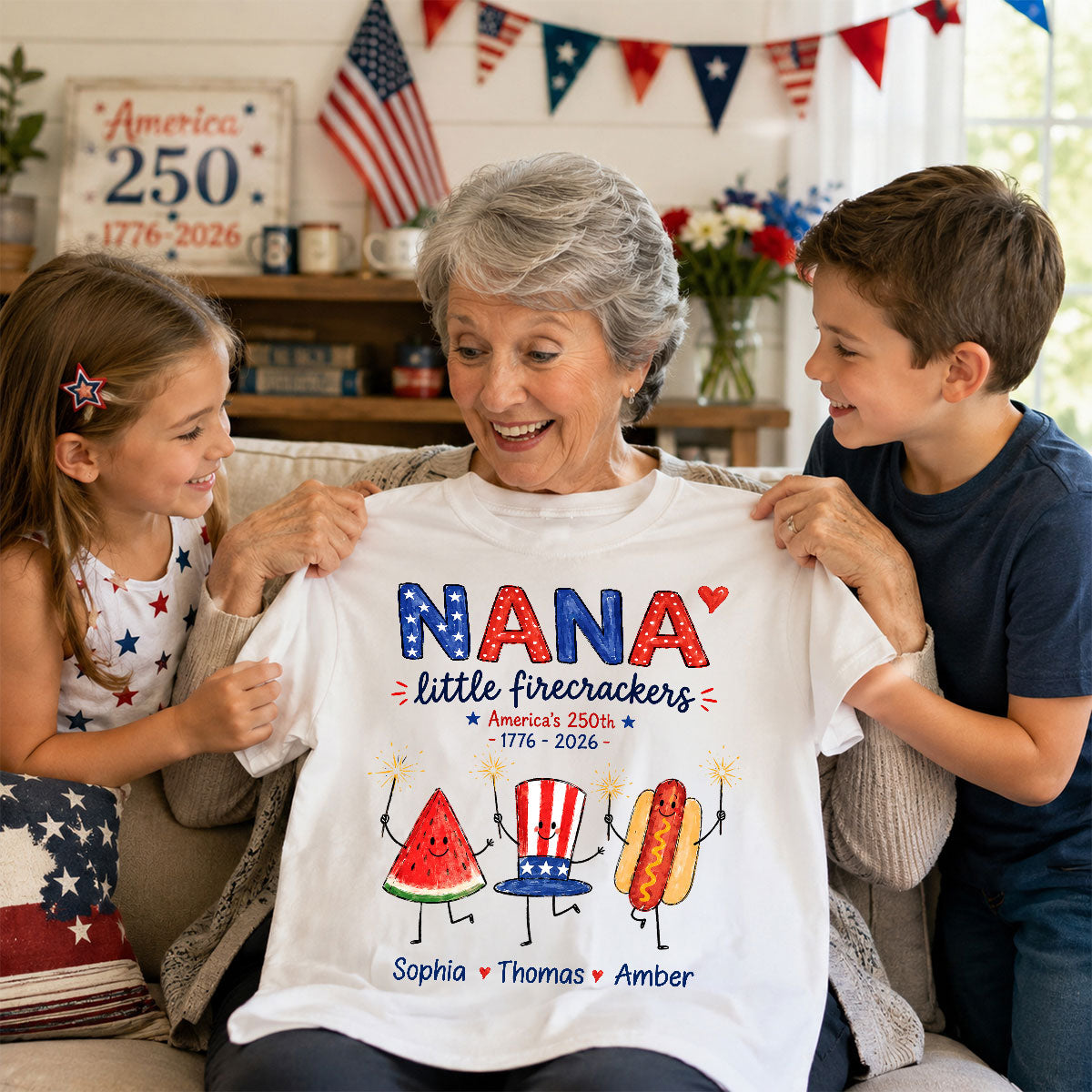 Grandma's Little Firecrackers - Personalized Shirt - 250th Anniversary Patriotic Shirt for Grandma