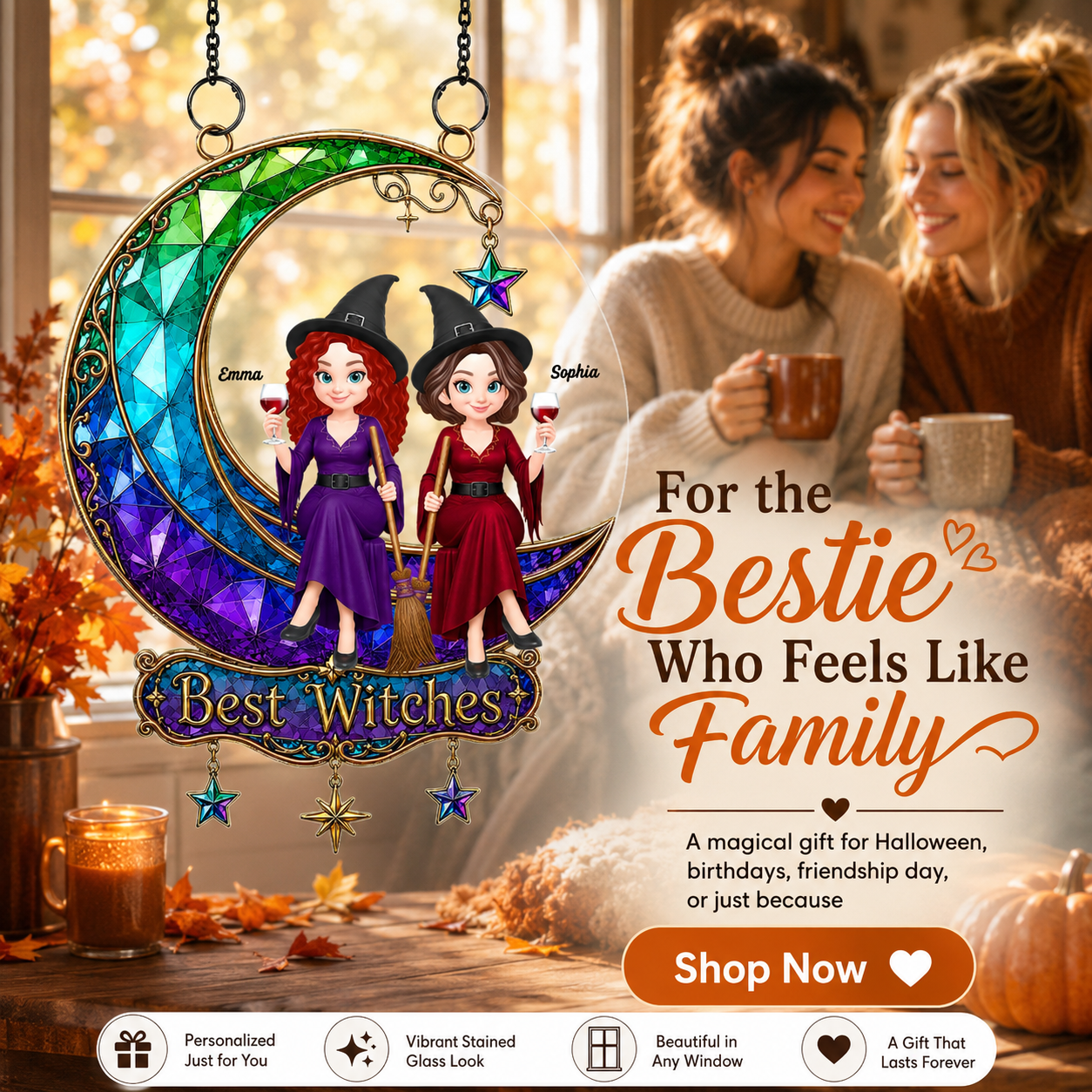 Beautiful Witches Sitting On Moon - Personalized Acrylic Window Hanging - Halloween Decoration For Besties, Girls