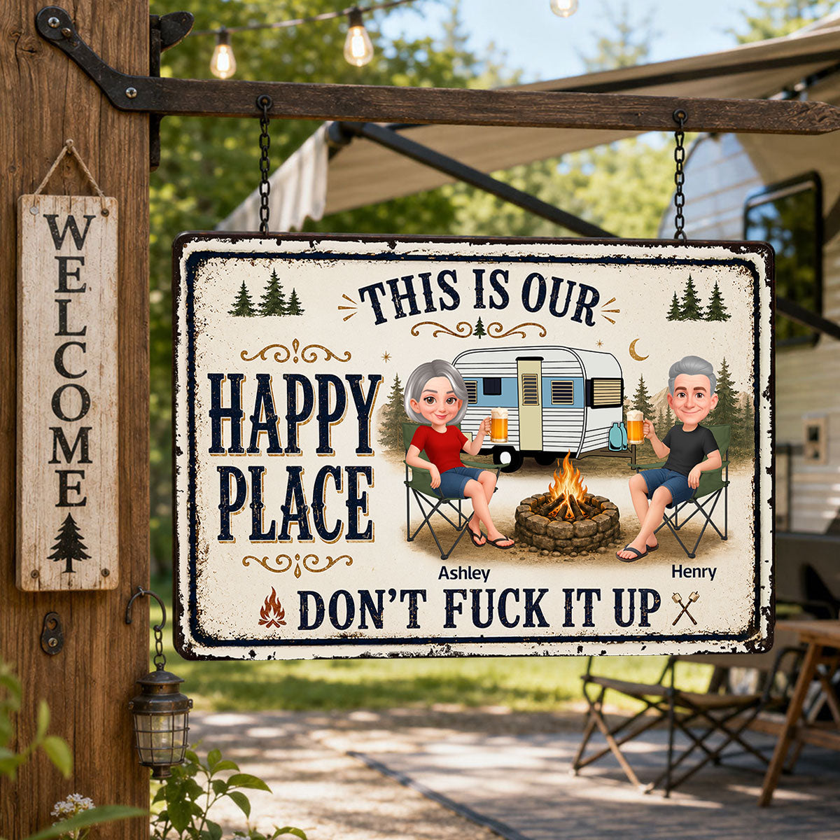 This Is Our Happy Place Camping Couple - Personalized Metal Sign - Funny Sarcasm Decoration For Campsite