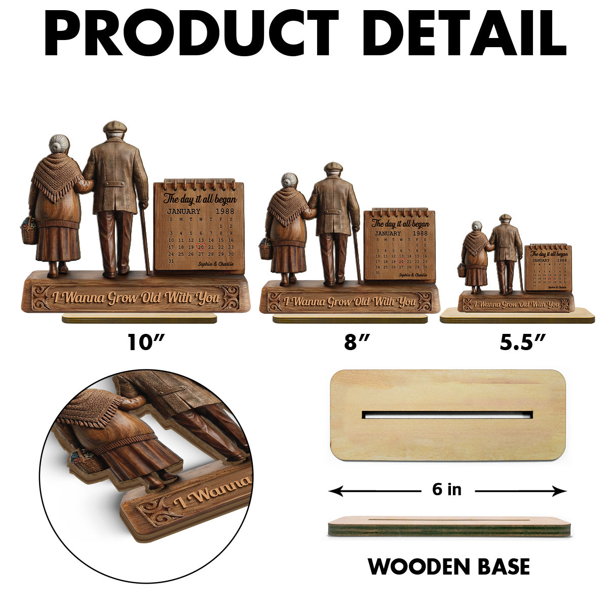 Old Couple Walking Side By Side Anniversary Date Calendar 2D Flat - Personalized 2-Layered Wooden Plaque