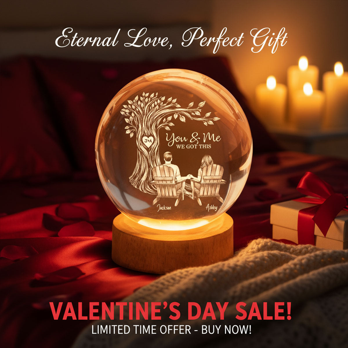 Eternal Love Couple Under Heart Carved Tree - Personalized Crystal Ball LED Night Light - Valentine's Day Gift For Couple