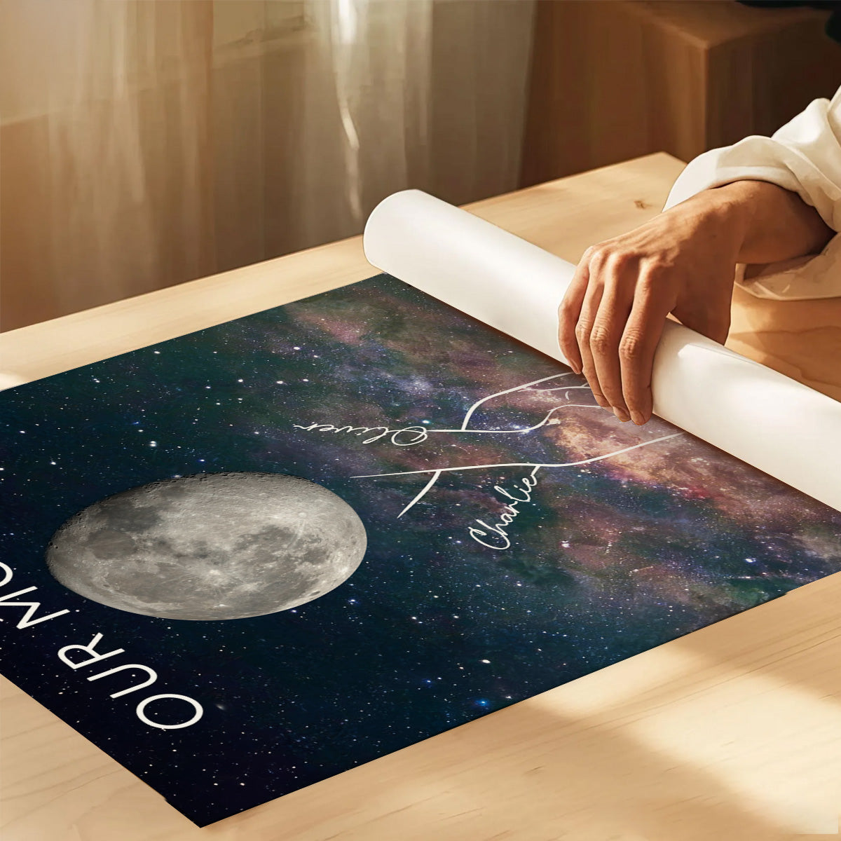 Timeless Love Couple Holding Hands Line Art Custom Moon Phase Anniversary Date - Personalized Poster - Gift For Couple