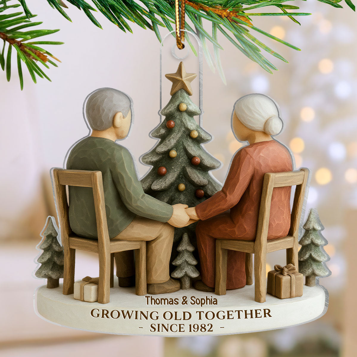 3D Effect Old Couple Growing Old Together - Personalized Acrylic Ornament