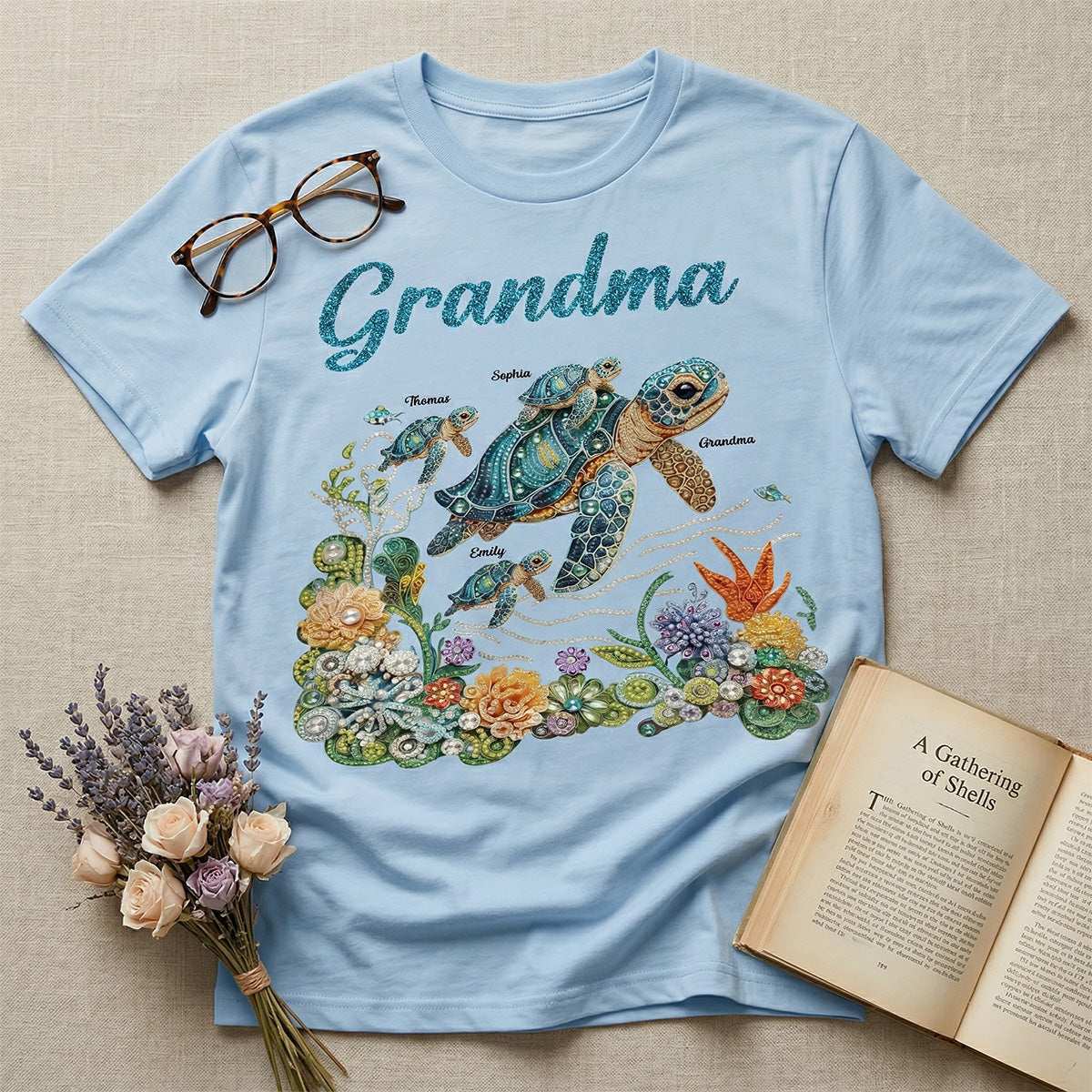 Mom Grandma Sea Turtle Rhinestones Style 2D Printed - Personalized Shirt - Mother's Day Gift For Mom Grandma